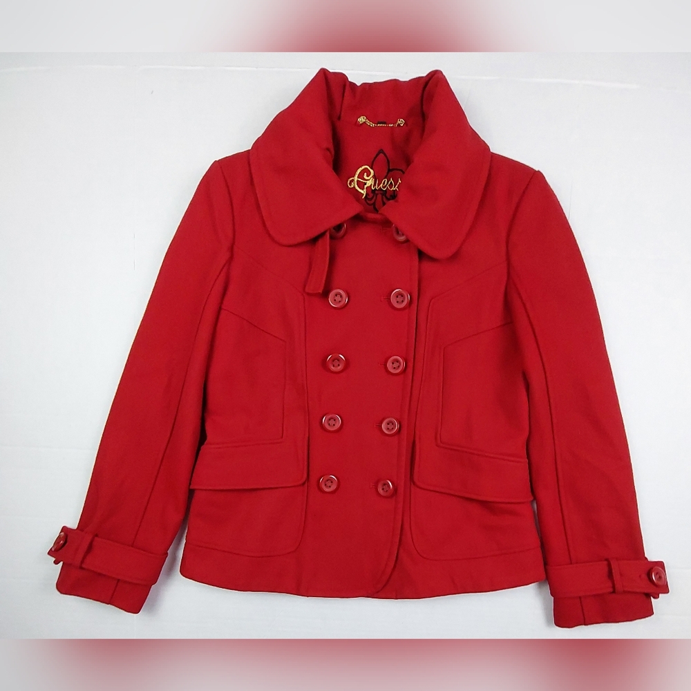 Guess Peacoat Womens Size Large Red Jacket Wool Blend Double Breasted Lined